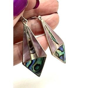 Vtg MEXICO  Silver Inlay EARRINGS Onyx/ Pink tint MOP & Abalone 2" Signed UNIQUE